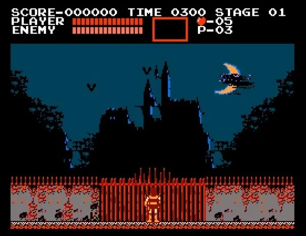 A pixel art scene from an 8-bit video game, featuring a castle in the background with a crescent moon and bats flying around. The foreground shows a character standing on a platform with spikes at the bottom. The top of the screen displays game information including score, time, stage number, player status, and enemy count.