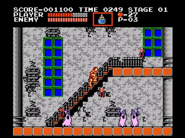 A pixel art scene from an 8-bit video game, featuring a character climbing stairs with enemies below. The top left corner displays the score and time, while the top right shows health and stage information. The background includes blue blocks and a gray wall with some patterns.