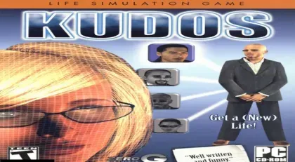 A life simulation game cover featuring a blonde woman with glasses, a bald man in a suit, and the title "KUDOS" in bold letters. The tagline reads "Get a New Life!" and there are small images of other characters around the main figures. The game is rated E for Everyone by the ESRB.