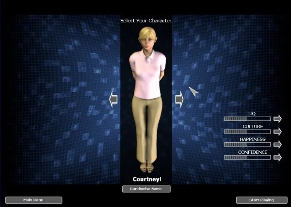 A virtual character selection screen with a 3D rendered avatar of a female character named Courtney, wearing a pink top and beige pants. The background is a dark blue grid pattern. On the right side, there are sliders for IQ, Culture, Happiness, and Confidence. Navigation arrows on both sides allow for character selection. Options at the bottom include "Main Menu" and "Start Playing."