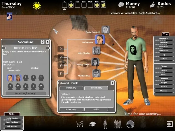 A virtual reality game interface showing a character's social and personal attributes, including skills in media studies, rock climbing, and cooking. The character is named Edward Couch, with a personality described as cultured, sophisticated, educated, and appreciative of the arts. The player has 3.70 kudos and needs more money to afford beer for socializing. The date is Thursday, June 2006, and it's time for an activity.