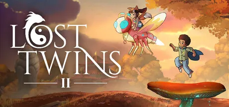 A whimsical scene featuring a young boy and a giant bee with wings, both mid-flight above a fantastical landscape. The background is a vibrant sunset sky with rolling hills and trees. The title "LOST TWINS II" prominently displayed in the foreground.