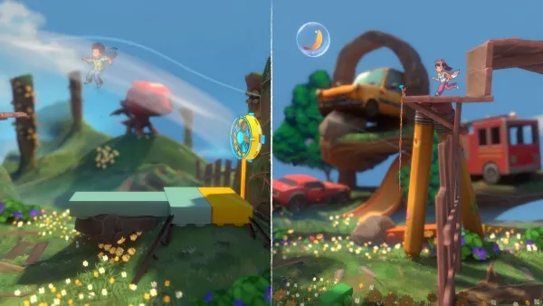 A whimsical, colorful landscape with a playful character soaring through the air on a bubble. The scene includes vibrant flowers, rolling hills, and various whimsical structures like a Ferris wheel, a car suspended in mid-air, and a red bus. The sky is clear blue with fluffy clouds, creating an enchanting and imaginative atmosphere.