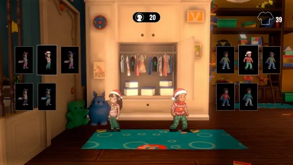 A child's room with a wardrobe, toys, and various clothing options displayed on the screen. The room has wooden floors, a blue rug, and colorful decorations. There are two children in the room, one wearing a red hat and green pants, and the other wearing a striped shirt and brown pants. The game interface shows a score of 20 and an item count of 39.
