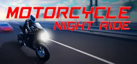 A motorcyclist in full gear riding a sportbike at night, with headlights on and blurred background indicating high speed. The scene is set on an open road under a clear sky.