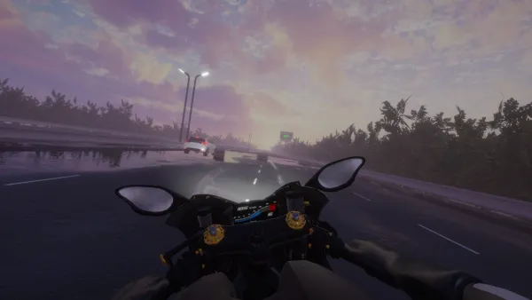 A first-person perspective of a motorcyclist riding down a wet highway at dusk, with the sky painted in hues of pink and purple. The road is slick from recent rain, reflecting the lights of oncoming traffic and street lamps. Trees line the sides of the highway, their silhouettes adding depth to the scene. The motorcycle's dashboard and handlebars are visible, with the rider's hands gripping the controls.