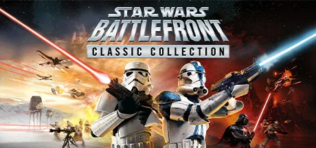 "Star Wars Battlefront Classic Collection, featuring stormtroopers with blasters and lightsabers, X-Wings and TIE Fighters in space combat, and iconic Star Destroyer, set against a dramatic cosmic backdrop."