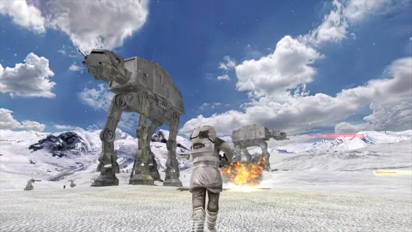 A lone stormtrooper stands in a vast, icy landscape, facing two imposing AT-AT walkers. The scene is set against a backdrop of snow-covered mountains and a dramatic sky filled with clouds. A small explosion or fire is visible near the stormtrooper's feet, adding tension to the scene. The overall atmosphere is one of isolation and impending conflict.