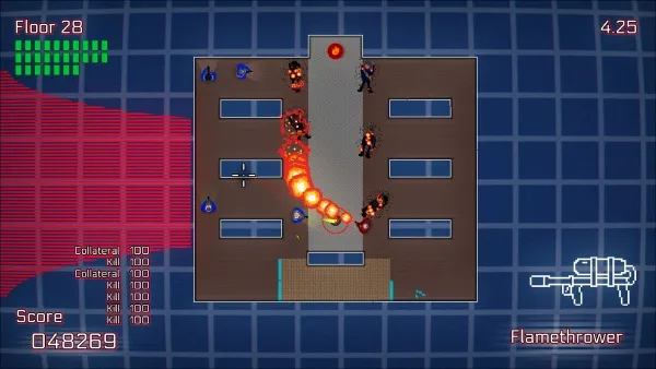 A pixel art top-down view of a building with multiple floors, where characters are engaged in combat. The left side displays health and score bars, while the right side shows an icon of a flamethrower weapon. The scene is set against a blue grid background with red sound wave patterns on the left.