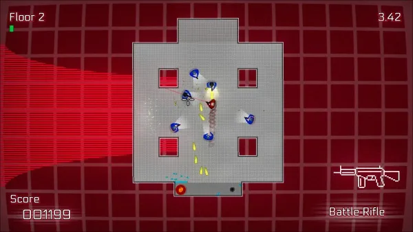 A first-person shooter video game scene with a player wielding a battle rifle, engaging in combat against multiple blue humanoid enemies on a grid-patterned floor. The screen displays the player's score and health status at the top left corner, while the bottom right corner shows an icon of the weapon being used. The background features a red digital interface with a radar-like display.