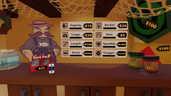 A cartoon character with a hat and mustache stands in front of a counter, holding a red box labeled "Dock Pack" for $25. Behind him is a wall displaying various items and their prices: Sipping ($15), Bucket ($20), Lungs ($20), Door ($5), Length ($160), SpeedUp ($1000), Zones ($28200), Stagger ($105000). There are also jars on the counter containing "Bacon Salt" for $65 and "Pepper Salt" for $45. The background features fishing nets hanging from the ceiling and a green hexagonal sign showing "$100".