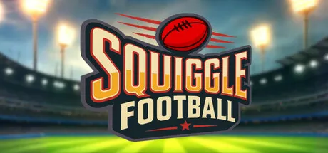 A vibrant and dynamic football logo featuring the word "Squiggle" in bold, stylized letters with a red football motif above it. The background showcases a blurred stadium scene with bright lights illuminating the field, creating an energetic sports atmosphere.