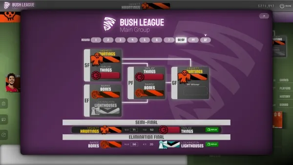 A screenshot of a video game interface showing a tournament bracket for the Bush League Main Group. The bracket includes teams such as "Hunters," "Things," and "Bones." There are also semi-final and elimination final matches displayed, with team logos and match results. The background is purple with a stylized logo in the center.