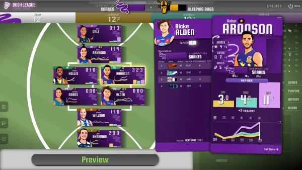 A screenshot of a basketball video game interface, featuring player cards with stats and avatars on the left side. The right side displays detailed information about a specific player named Blake Alderson, including his profile picture, name, team logo, and various performance metrics such as points, rebounds, assists, steals, blocks, shooting percentage, and more. The background is green with white lines indicating a basketball court layout. There are also buttons labeled "Preview" at the bottom center and other interactive elements like player names and numbers.