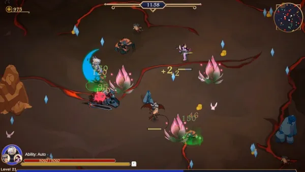 A fantasy game scene with a character casting a spell, surrounded by various creatures and plants. The character is using a staff to cast a blue moon-like spell on an enemy creature. There are multiple enemies in the scene, including bats and other small creatures. The environment has a dark, mystical atmosphere with red veins running through it. The player's health bar at the bottom shows that they have taken some damage but are still alive. The screen also displays the player's level, gold coins, and other game-related information.
