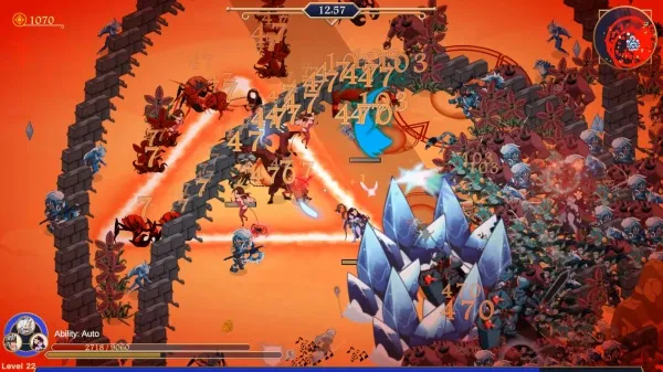 A fantasy battle scene with a hero character engaged in combat against numerous enemies, including spiders and other creatures. The background features a fiery landscape with ruins and crystals. The game interface includes health bars, skill icons, and numerical damage indicators. The player's level is 25, and the ability auto feature is active. The color palette consists of warm tones like reds and oranges, contrasting with cool blues from the hero's abilities.